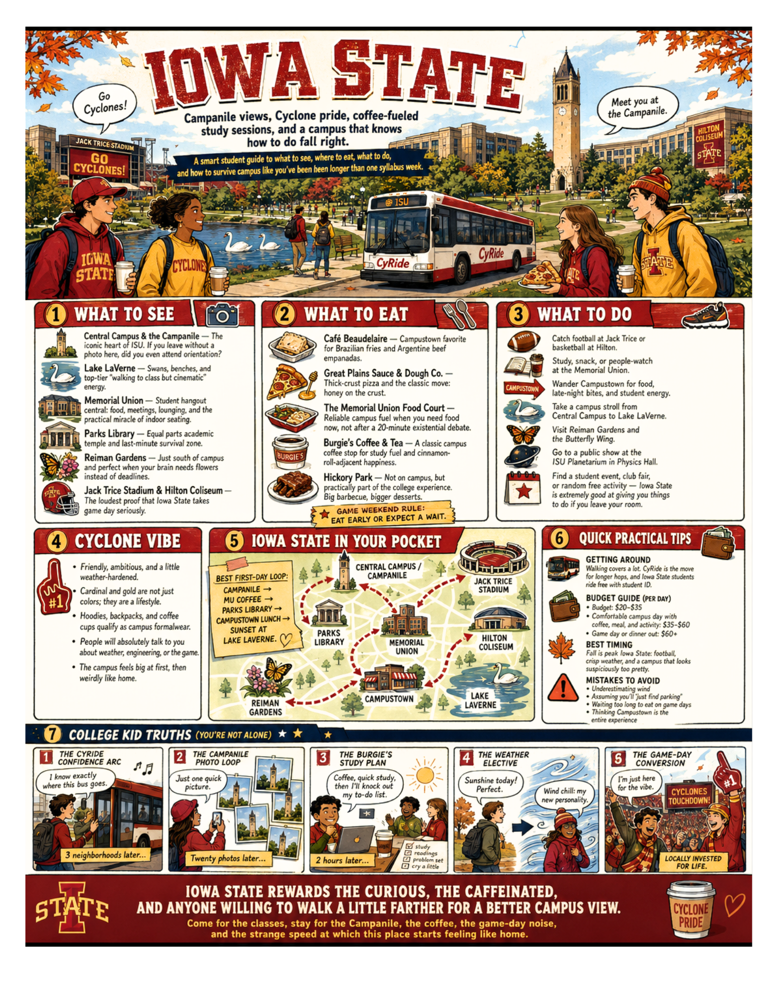 Illustrated Iowa State Campus Guide poster for Ames, Iowa