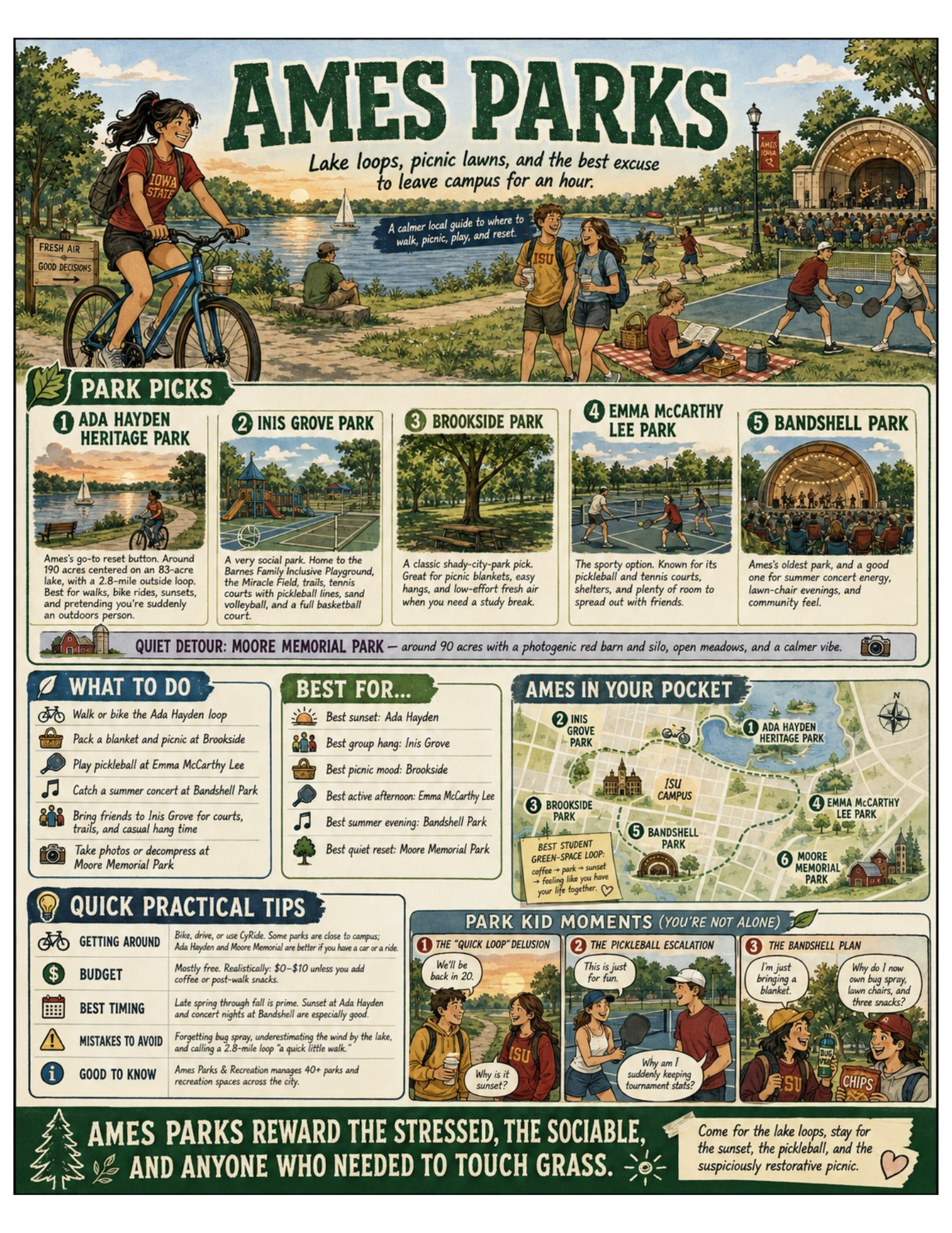 Illustrated Ames Parks Guide poster for Ames, Iowa