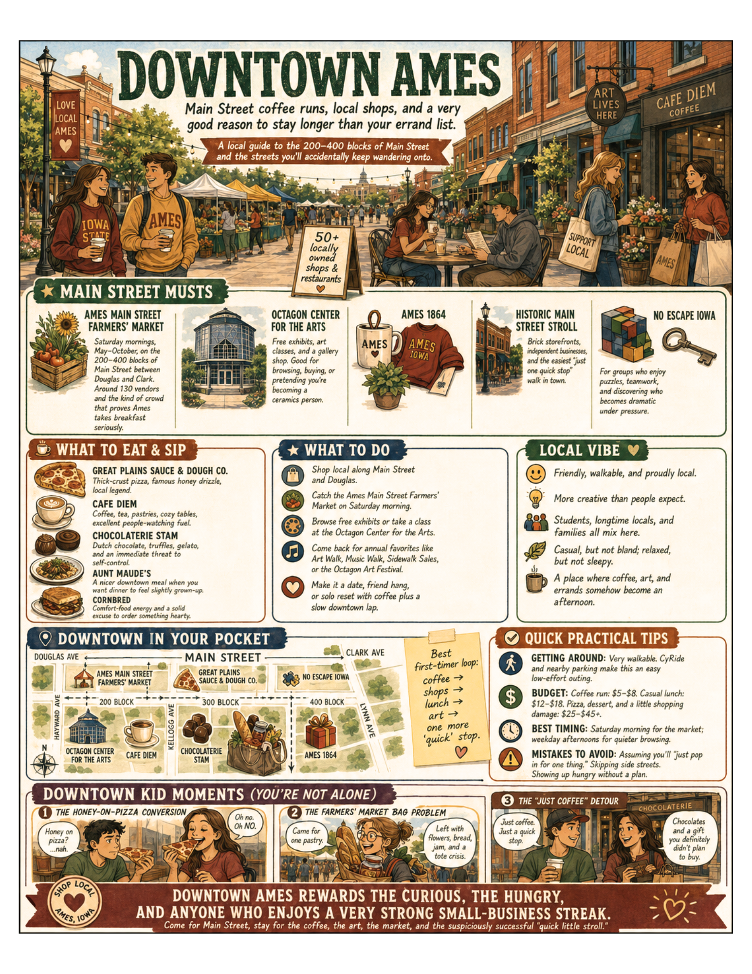 Illustrated Downtown Ames Guide poster for Ames, Iowa