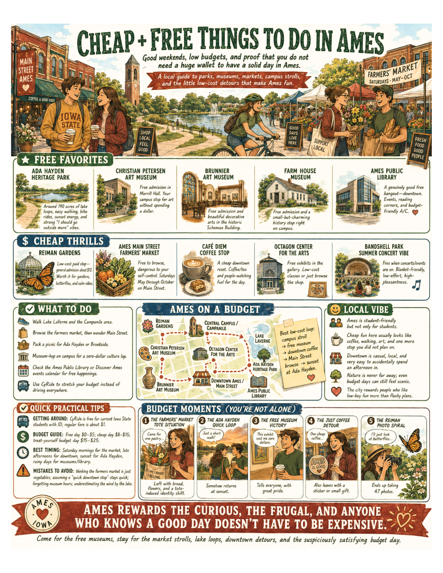 Illustrated Cheap + Free Things to Do in Ames poster for Ames, Iowa