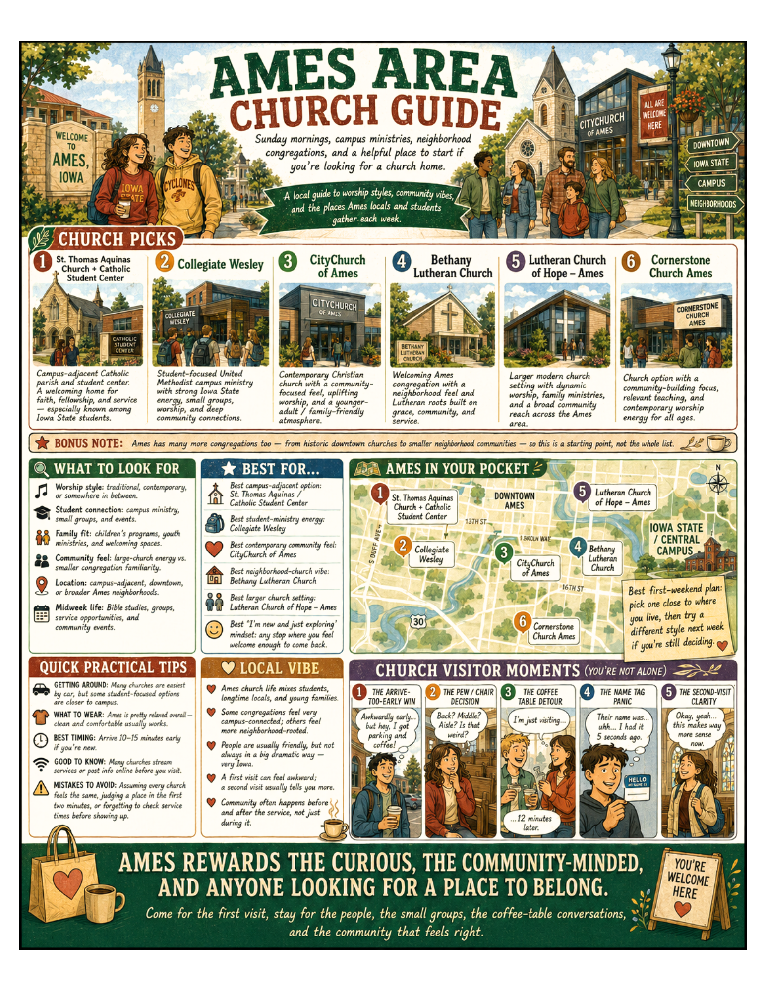 Illustrated Ames Area Church Guide poster for Ames, Iowa