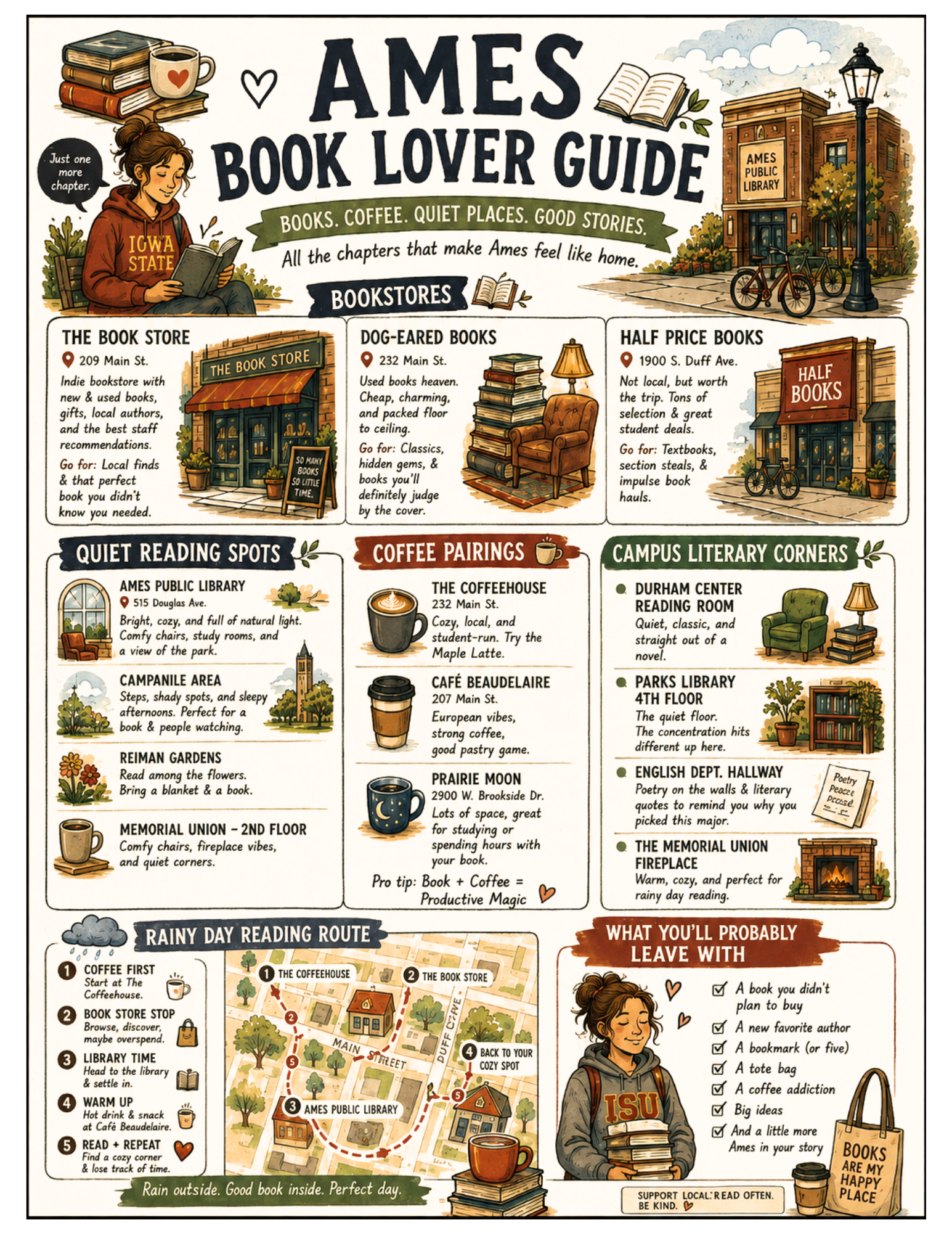 Illustrated Ames Book Lover Guide poster for Ames, Iowa