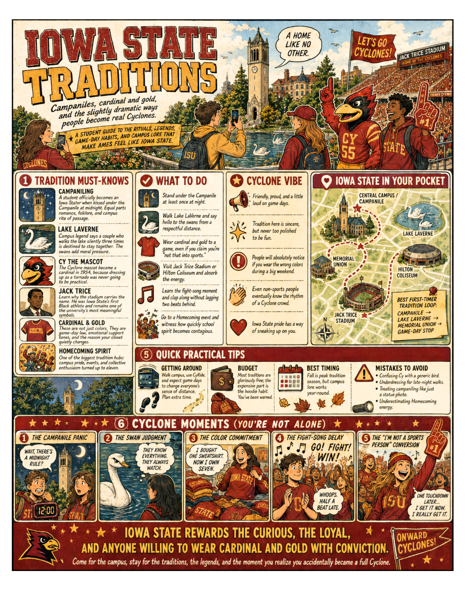 Illustrated Iowa State Traditions poster for Ames, Iowa