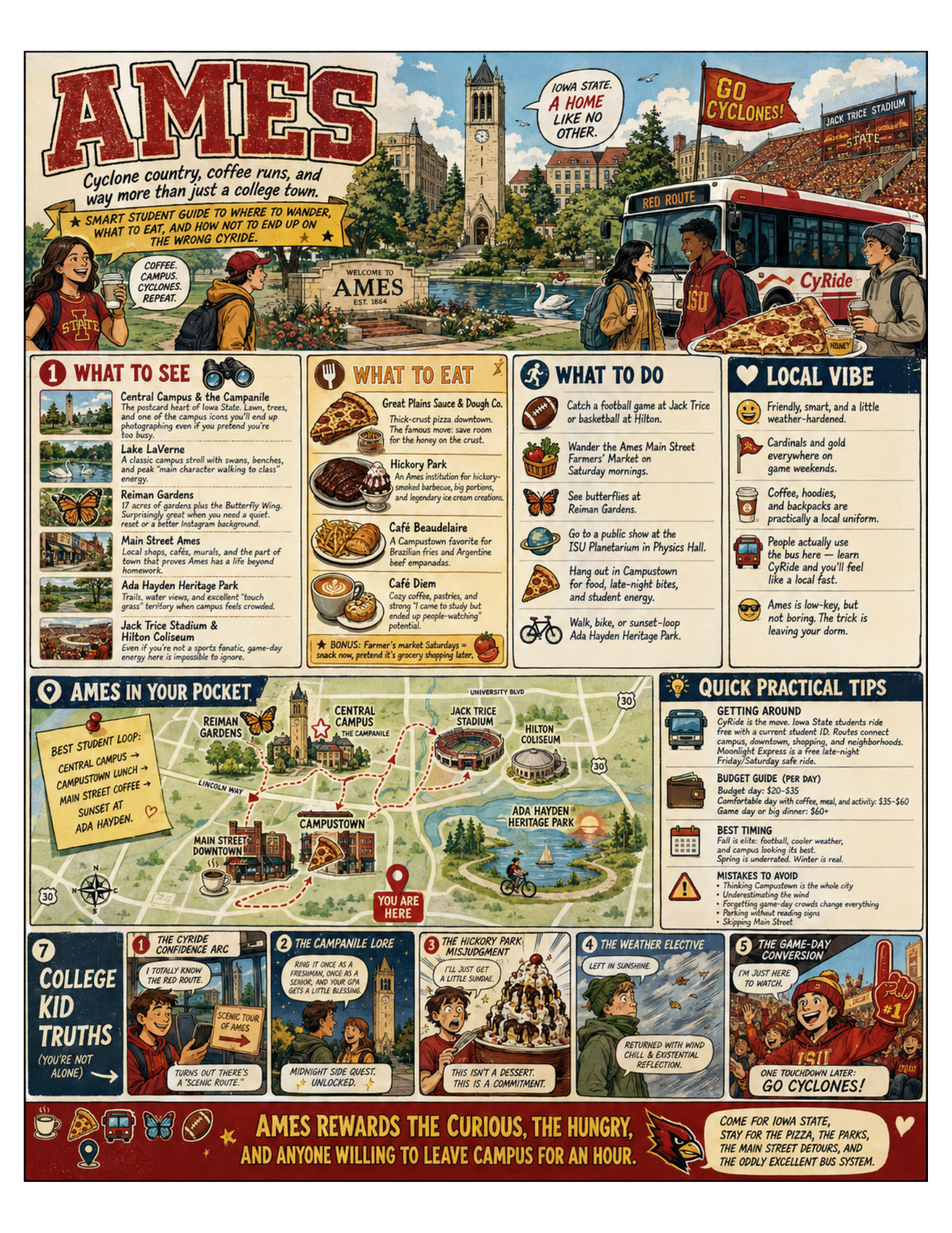 Illustrated The Ames Guide poster for Ames, Iowa