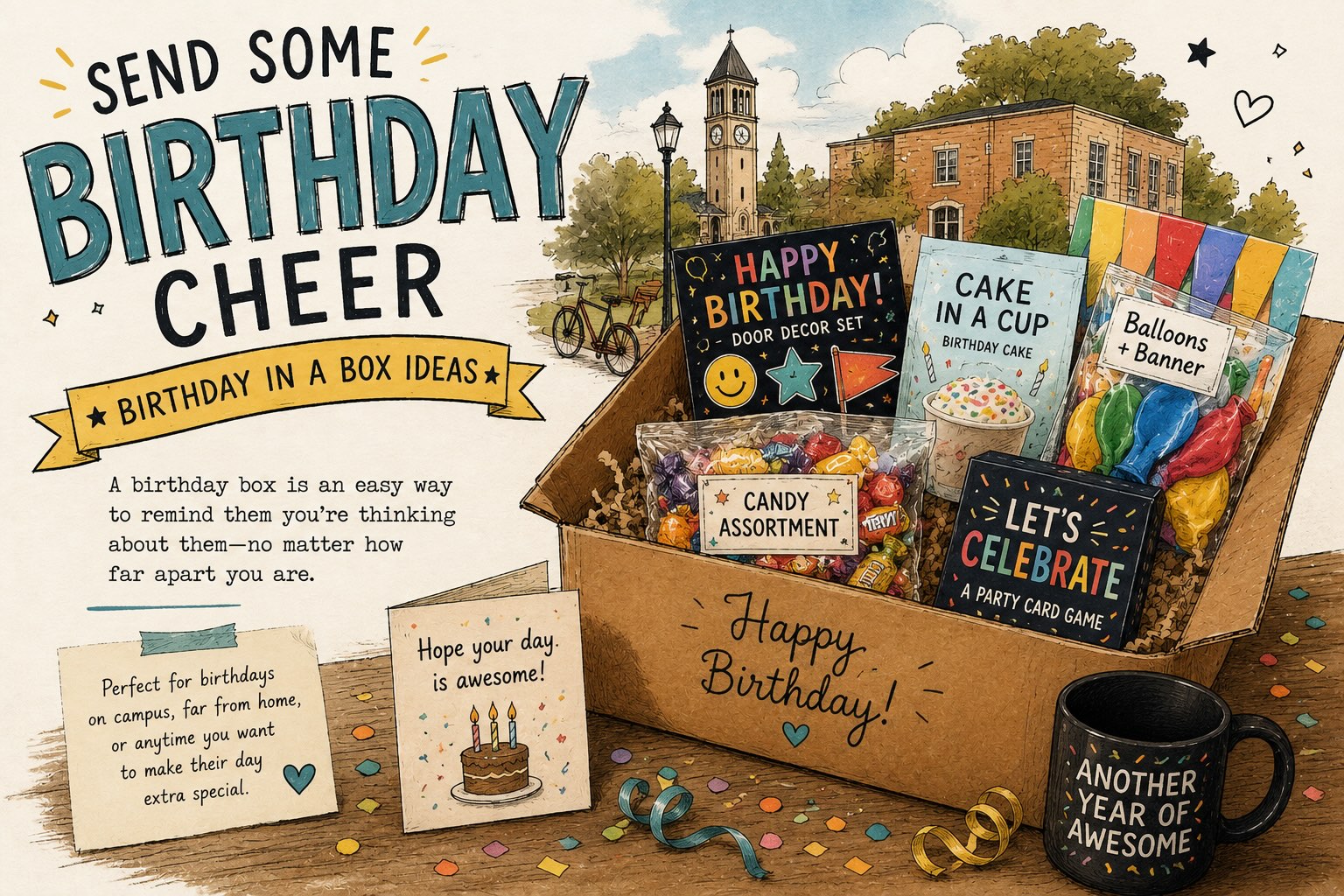 Birthday in a Box care package collage