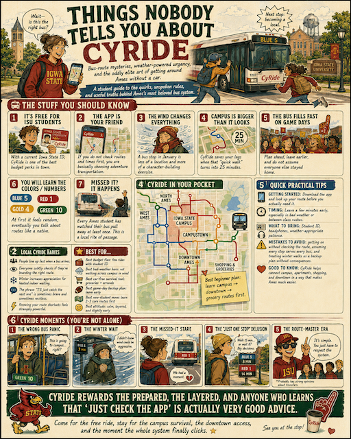 Illustrated Things Nobody Tells You About CyRide guide poster showing a student checking the bus app, a Blue 5 CyRide bus, a color-coded route map of Ames, and comic panels of common bus-stop moments