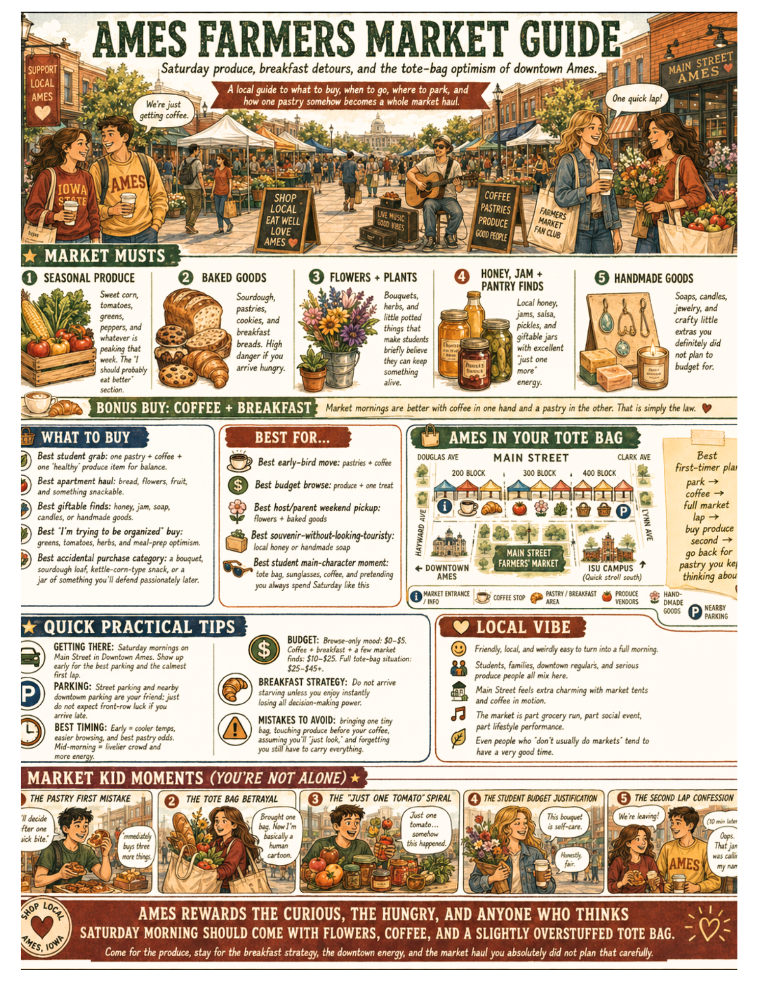 Illustrated Ames Farmers Market Guide poster for Ames, Iowa