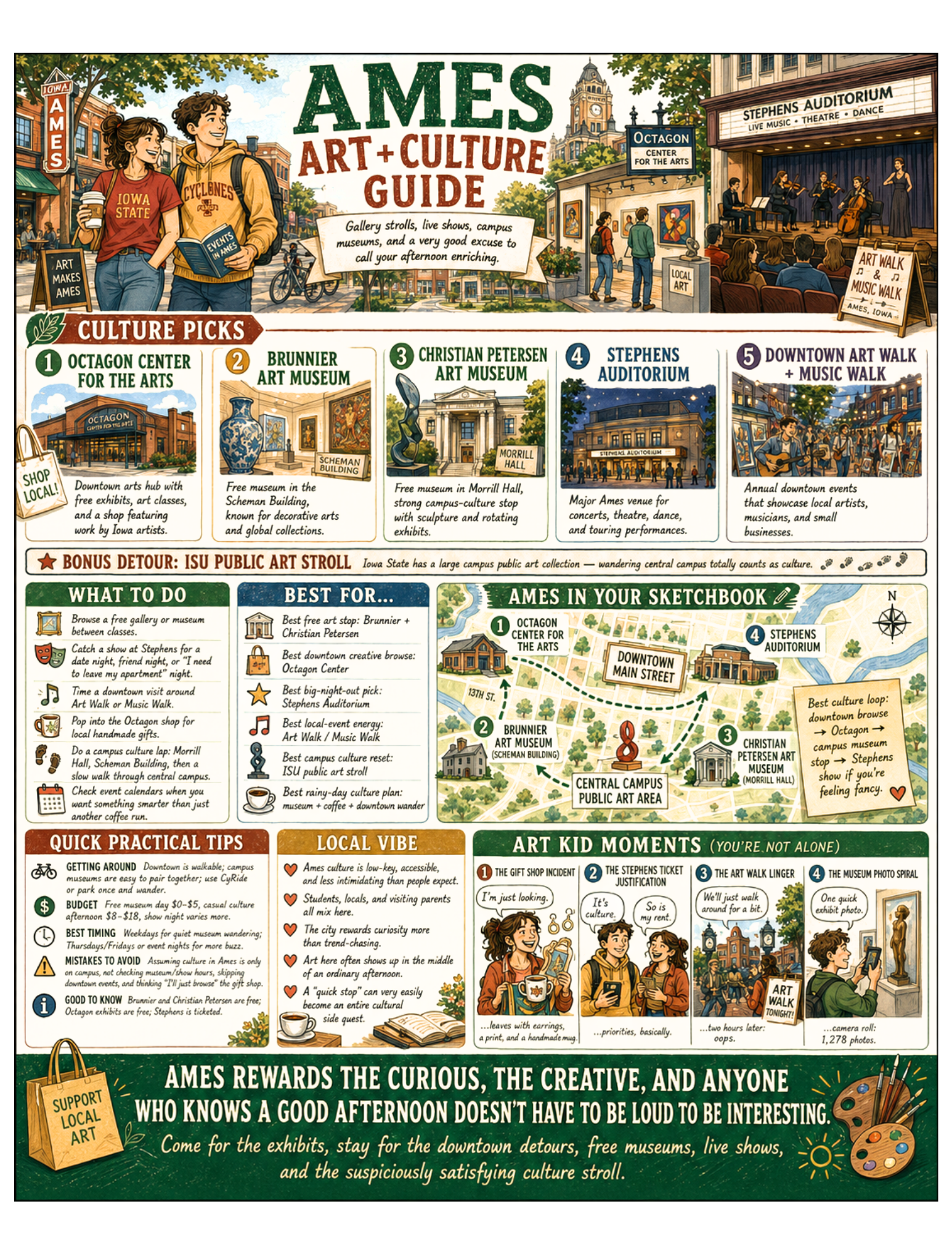 Illustrated Ames Art + Culture Guide poster for Ames, Iowa